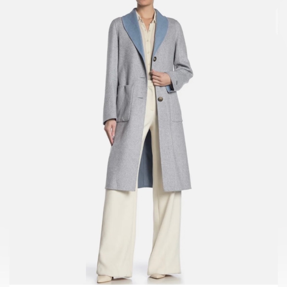 Tahari Jenna Two-Tone Wool Coat Heather Grey & Pale Blue Size M